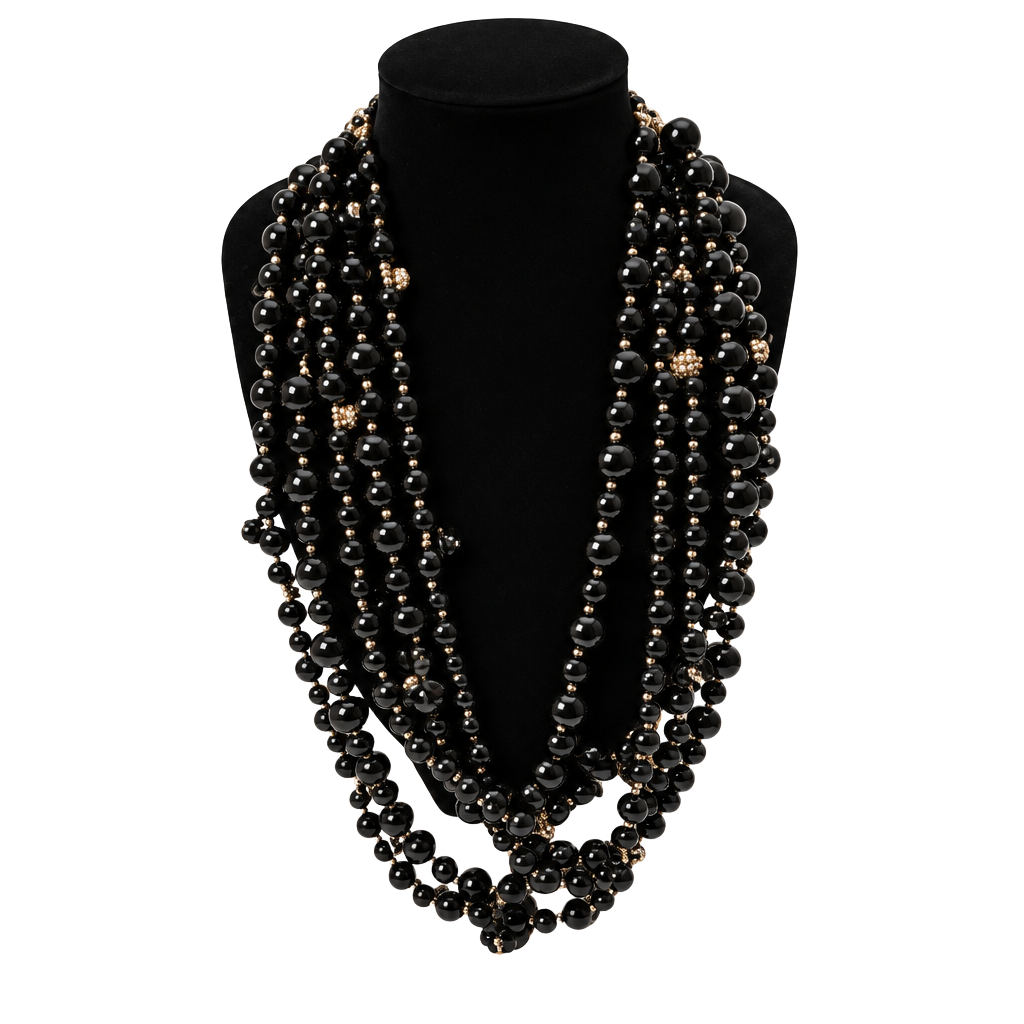 Talbots Multi Strand Black Beaded Statement Necklace Gold Tone Bib 1