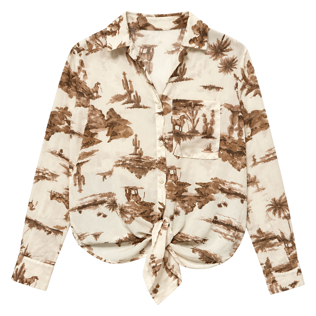 Alkemy Western Desert Print Button Down Shirt Size L Brown Cream 1