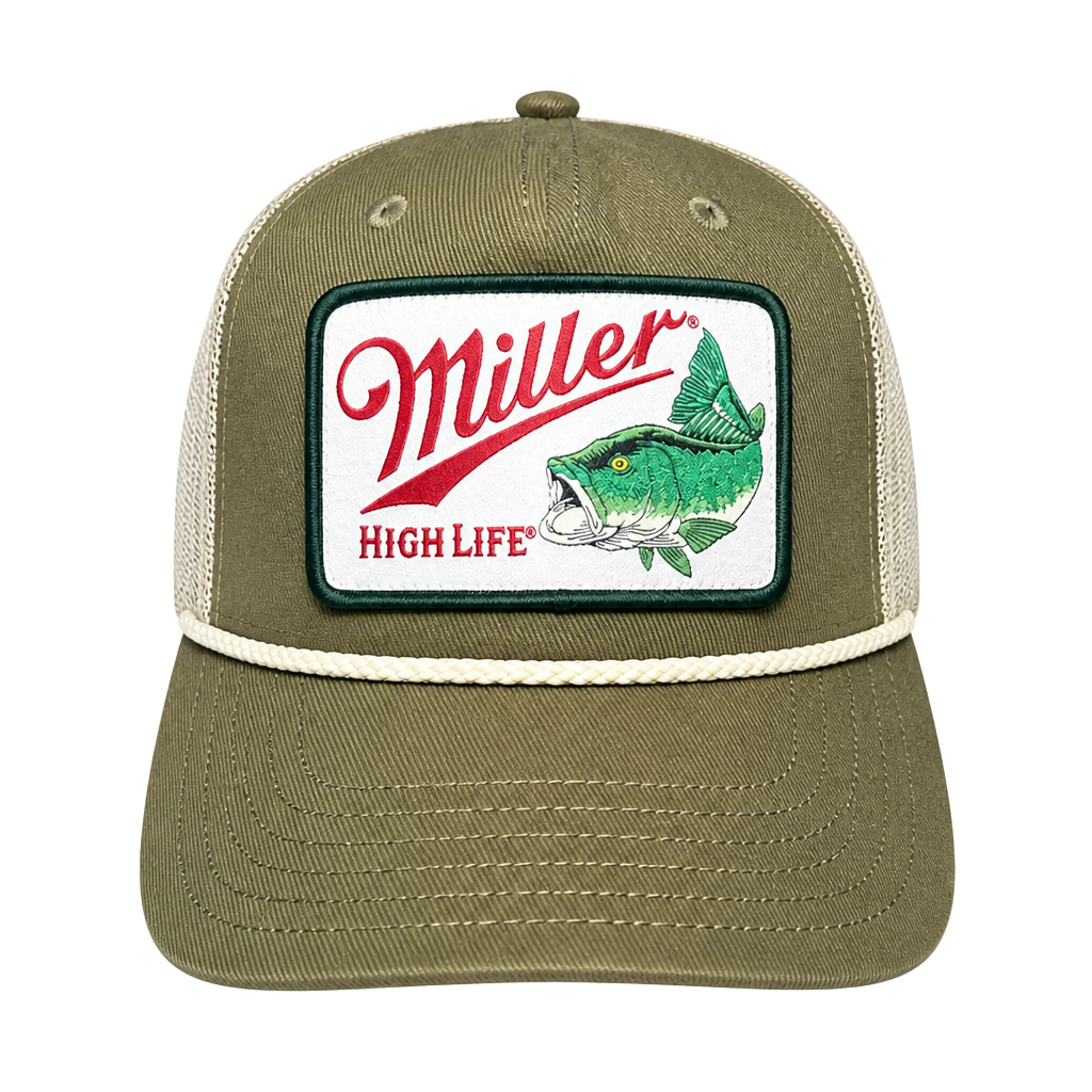 Miller High Life Bass Fish Patch Trucker Snapback Hat Olive Green Rope 1