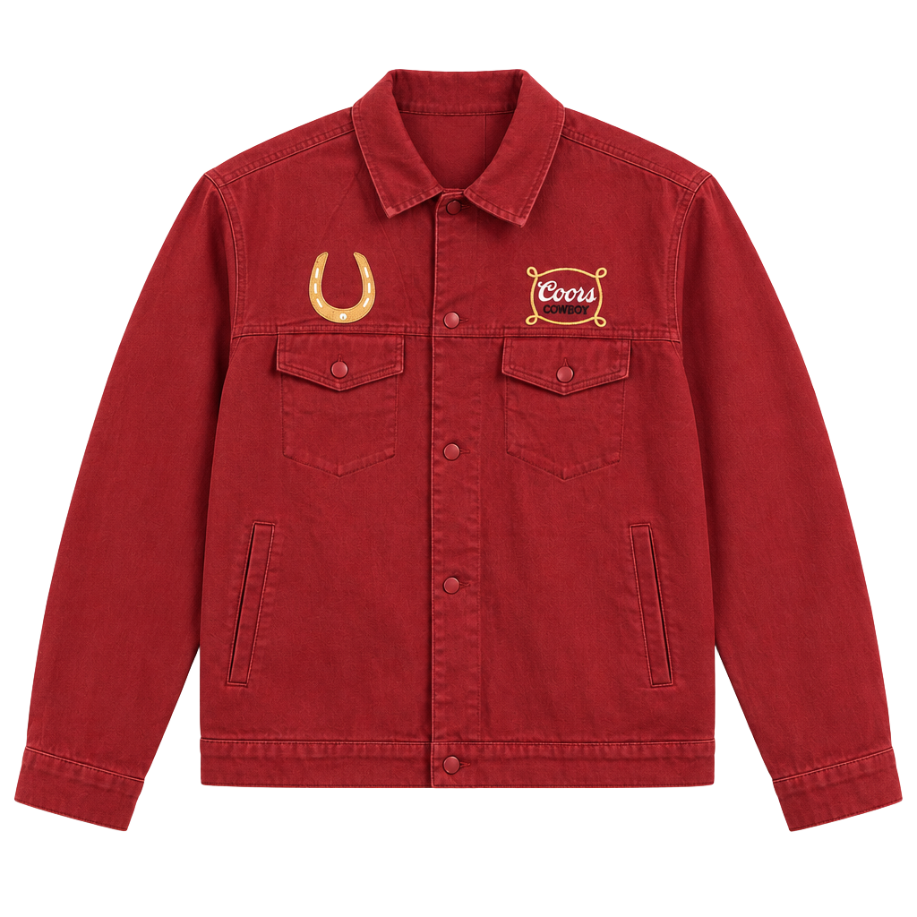 Coors Cowboy Denim Jacket Red Embroidered Horseshoe Size L 1