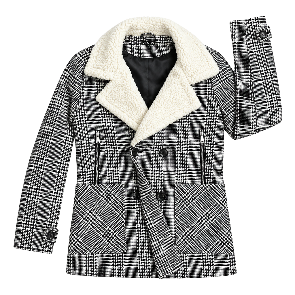 Venus Plaid Pea Coat Size S Sherpa Collar 1