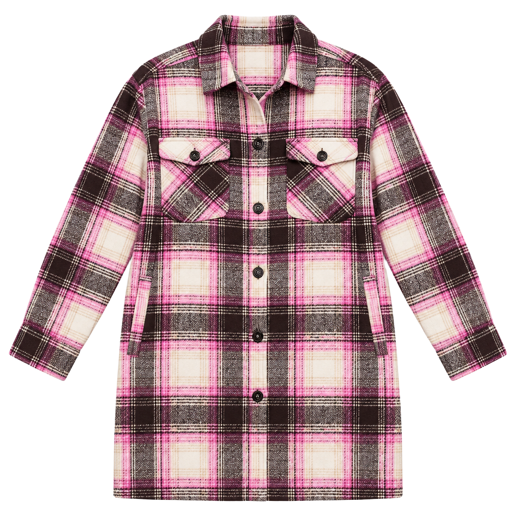 Unbranded Long Plaid Flannel Shacket Size L Pink Black Beige 1