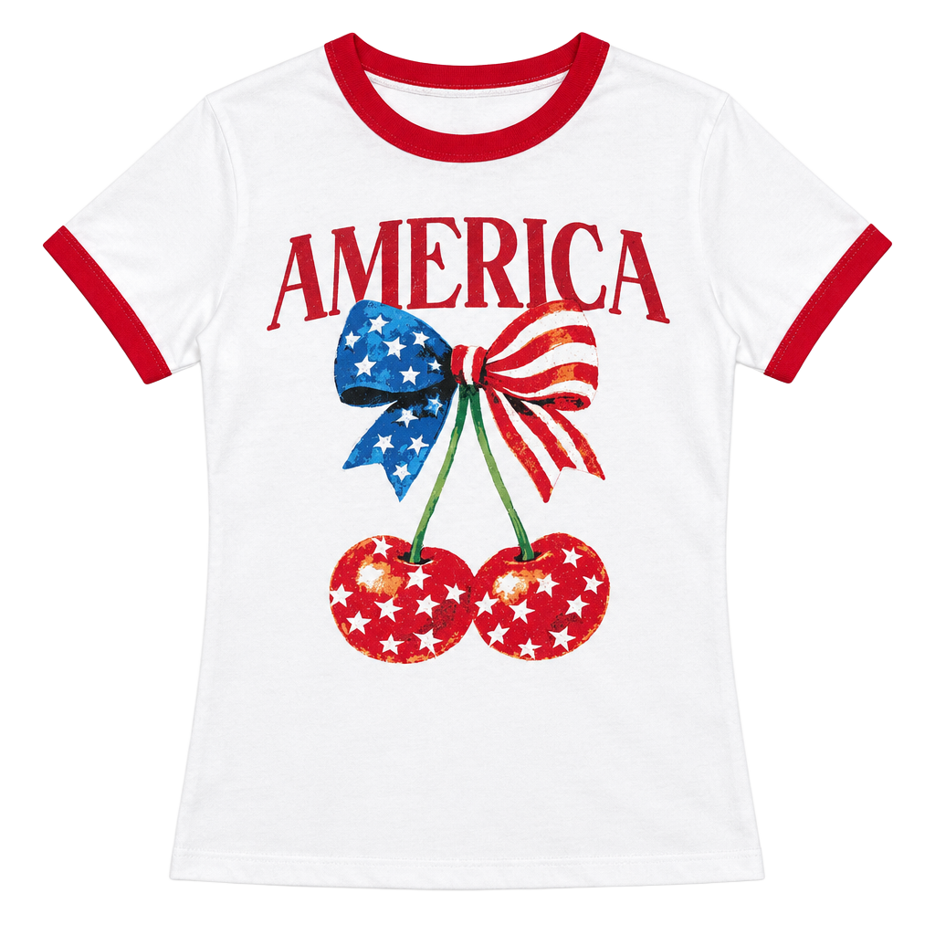 Ruby & Lace America Cherry Ringer T-Shirt Size XL White Red Graphic 1