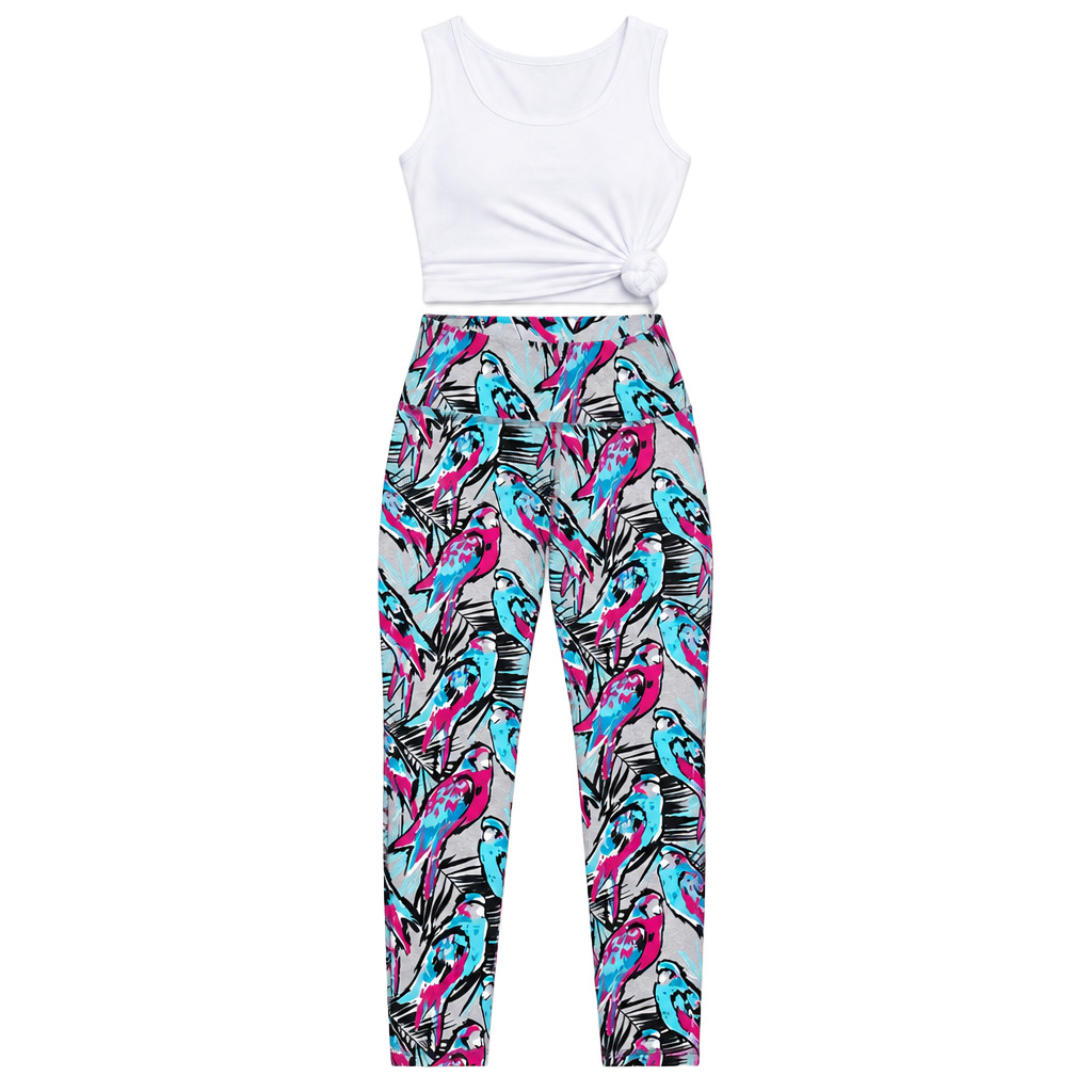 Zelos Parrot Print Capri Yoga Leggings Large Pink Blue 1