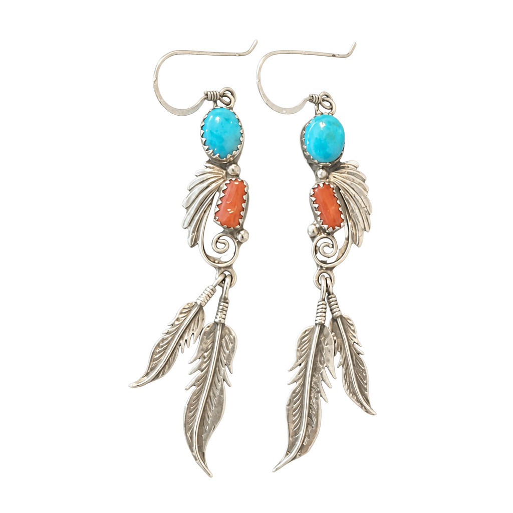 R. Tom Navajo Sterling Silver Turquoise and Coral Feather Dangle Earrings 1