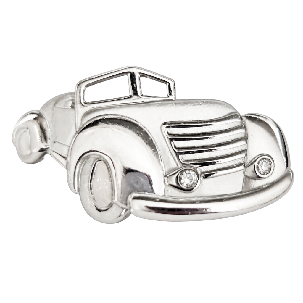 Vintage Silver Tone Classic Convertible Car Brooch with Rhinestone Headlights 1
