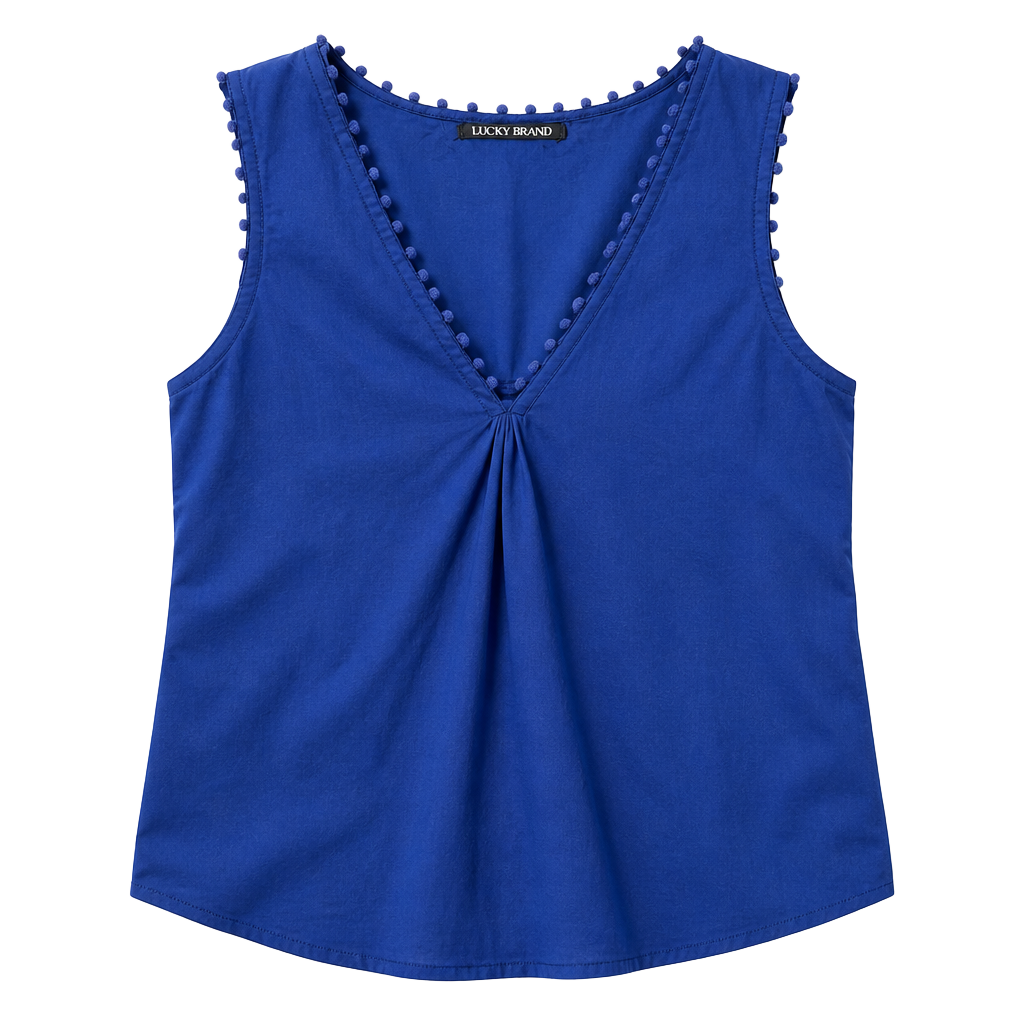 Lucky Brand Blouse Size XS Blue Cotton Peplum Pom Pom Tassels 1