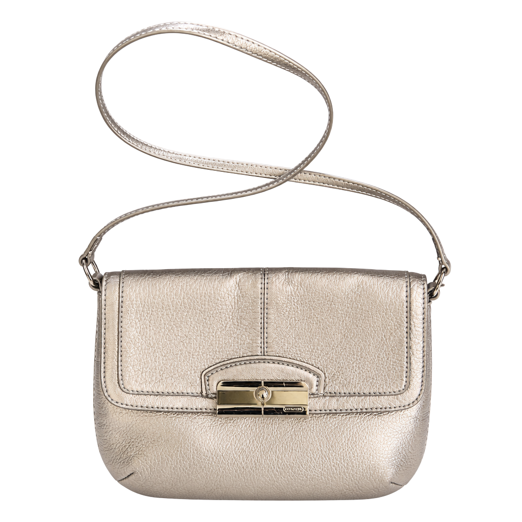 Coach Metallic Gray Leather Crossbody Bag with Silver lock and Purple Lining 1
