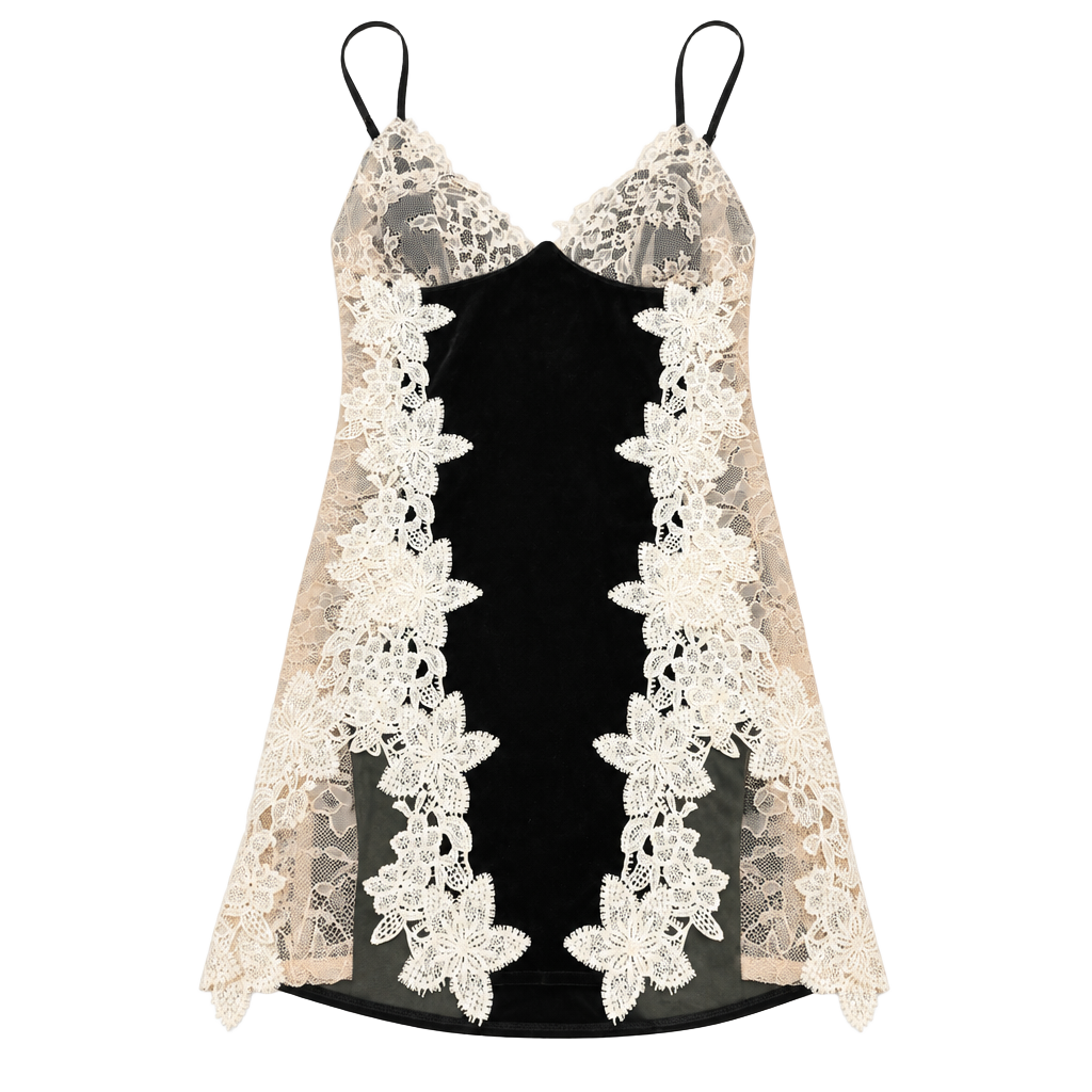 La Senza Black Velvet and Cream Lace Floral Applique Slip Dress 1