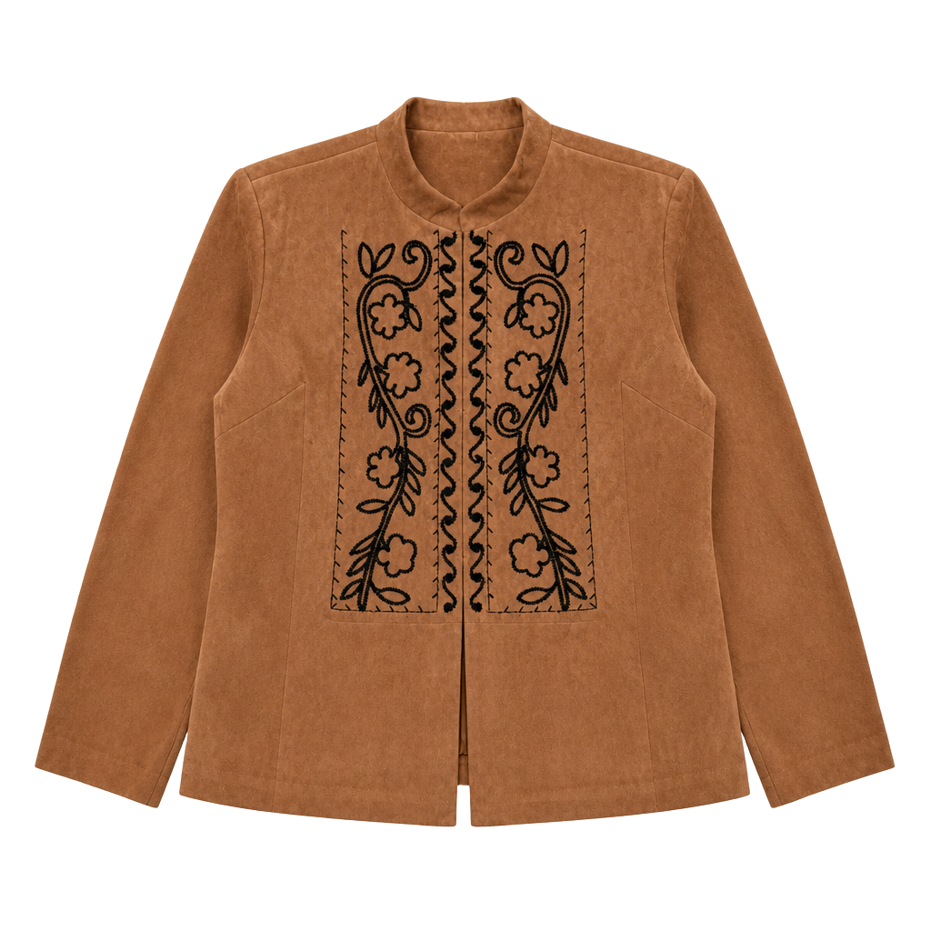 Coldwater Creek Brown Faux Suede Embroidered Floral Blazer Jacket Size 16 1