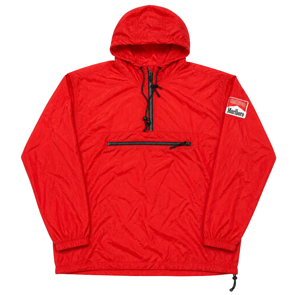 Vintage 90s Marlboro Unlimited Red Nylon 1/4 Zip Anorak Hooded Windbreaker Jacket Size L 1