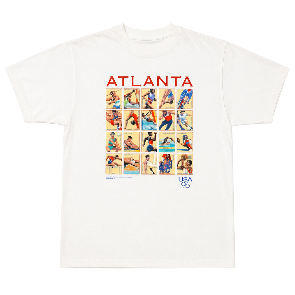 Vintage 1996 Atlanta Summer Olympics USPS Stamps Graphic T-Shirt 1