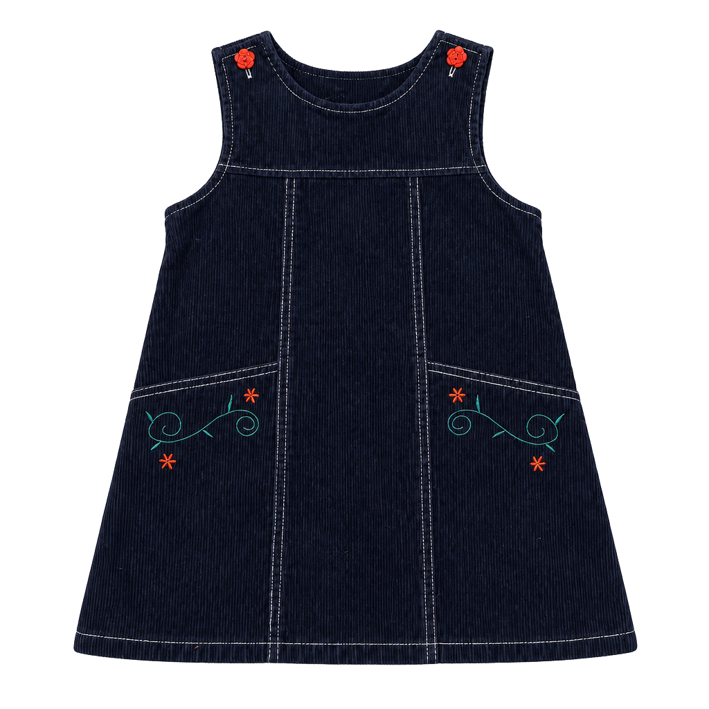 Vintage Healthtex Toddler Navy Blue Corduroy Jumper Dress Floral Embroidery 3T 1
