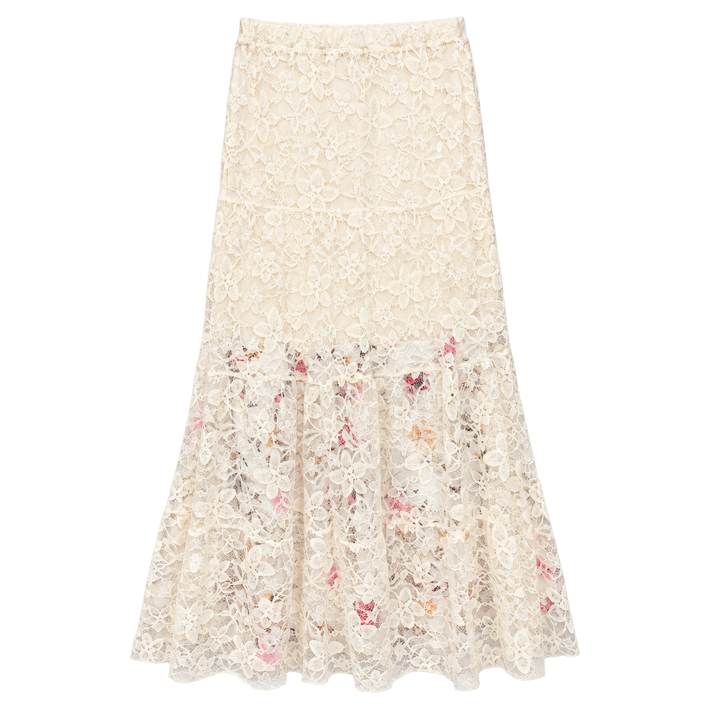 Vigoss Lace Maxi Skirt Ivory XS Tiered Floral Panel 1