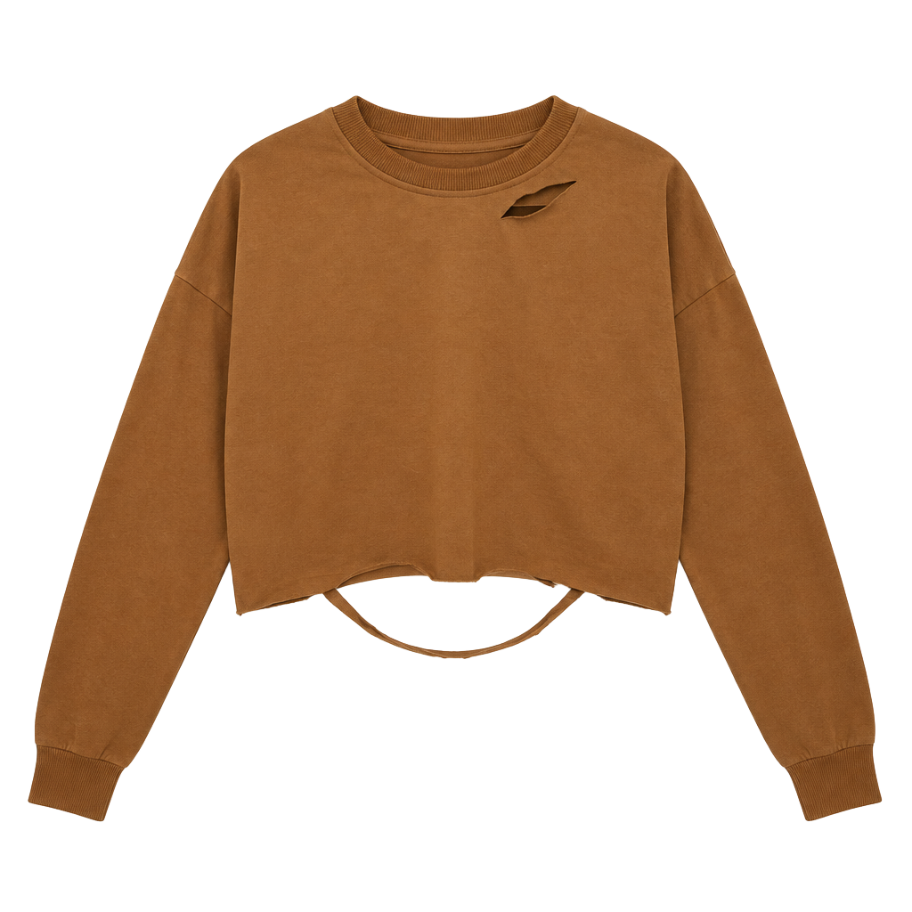 New Long Sleeve Crop T Shirt Distressed Ripped Cut Out Pure Color Casual Style 1