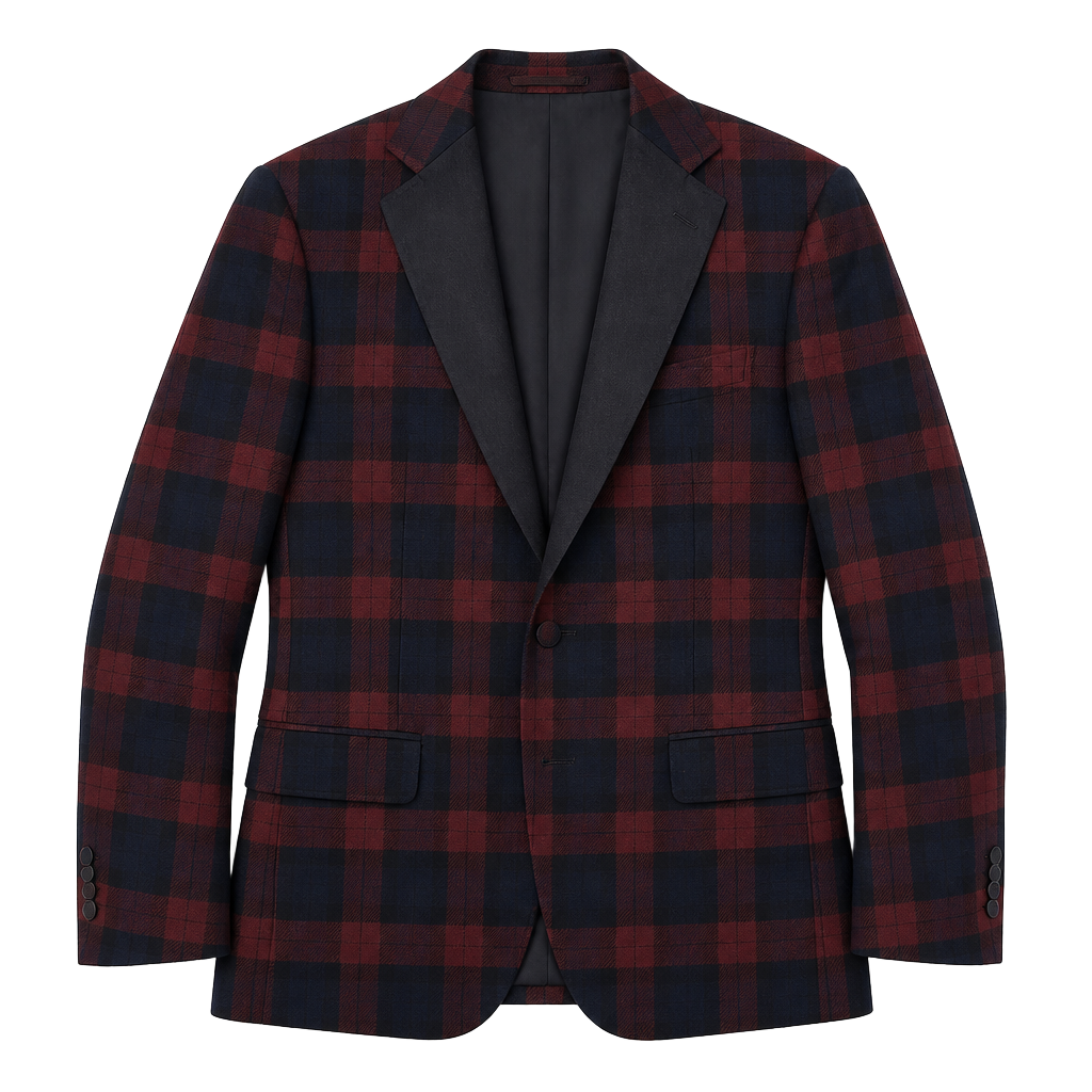 Nordstrom Plaid Tuxedo Dinner Jacket Burgundy Black Satin Shawl Collar 1