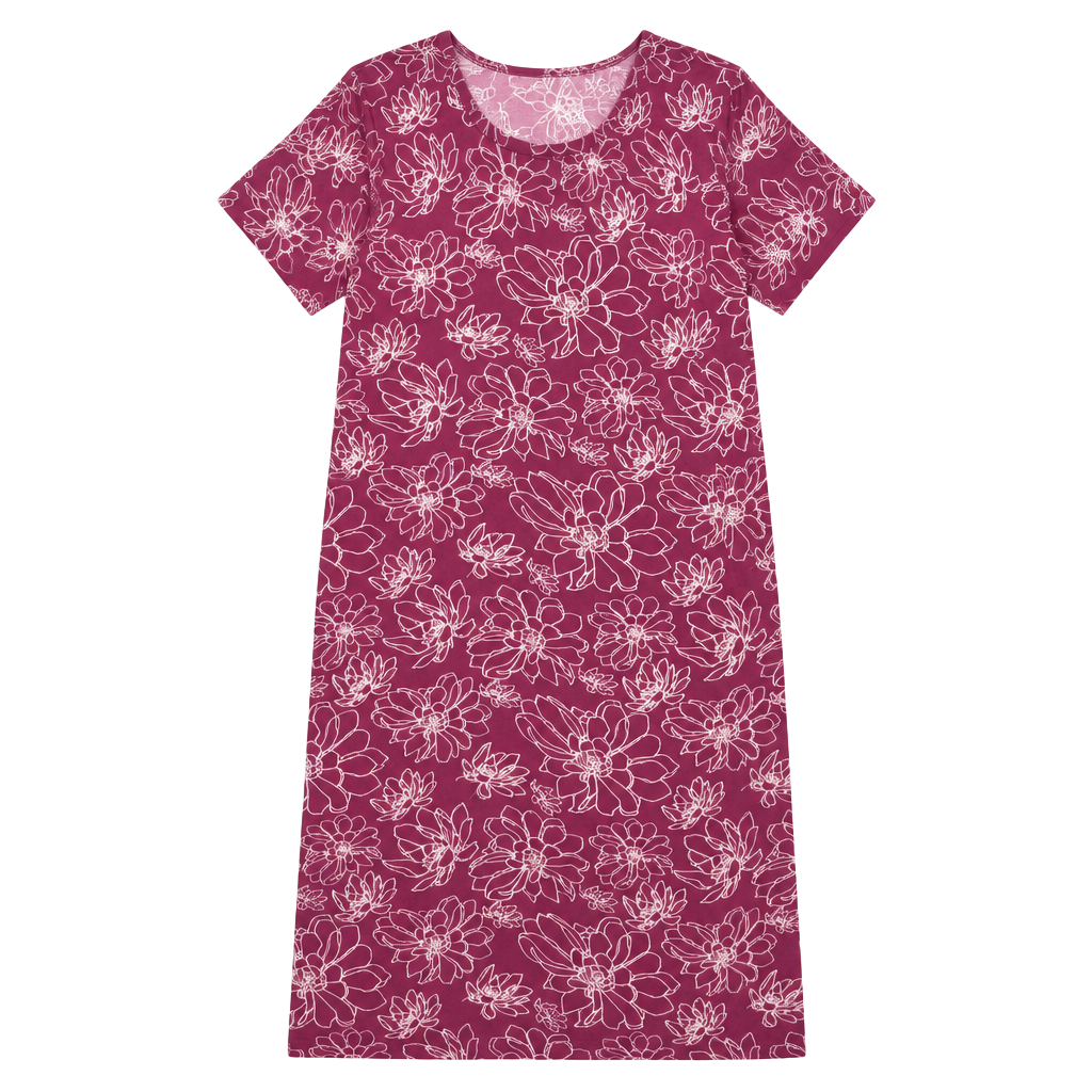 Tugege Dress Size L Burgundy White Floral Short Sleeve Crewneck 1