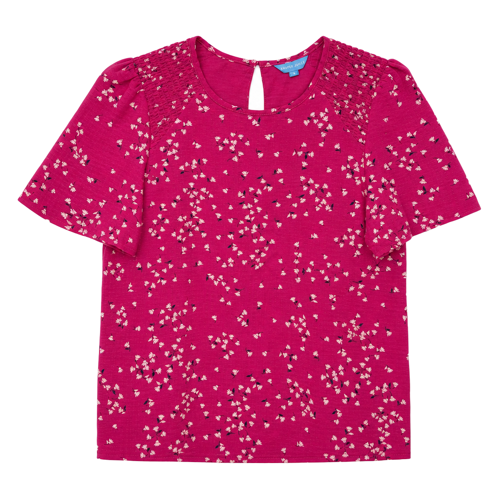 Draper James Pink Floral Flutter Sleeve Smocked Shoulder Blouse 1
