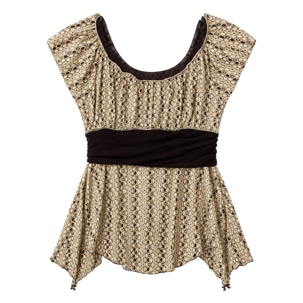 Brown And Tan Circle Print Mesh blouse With Brown Waist Band 1