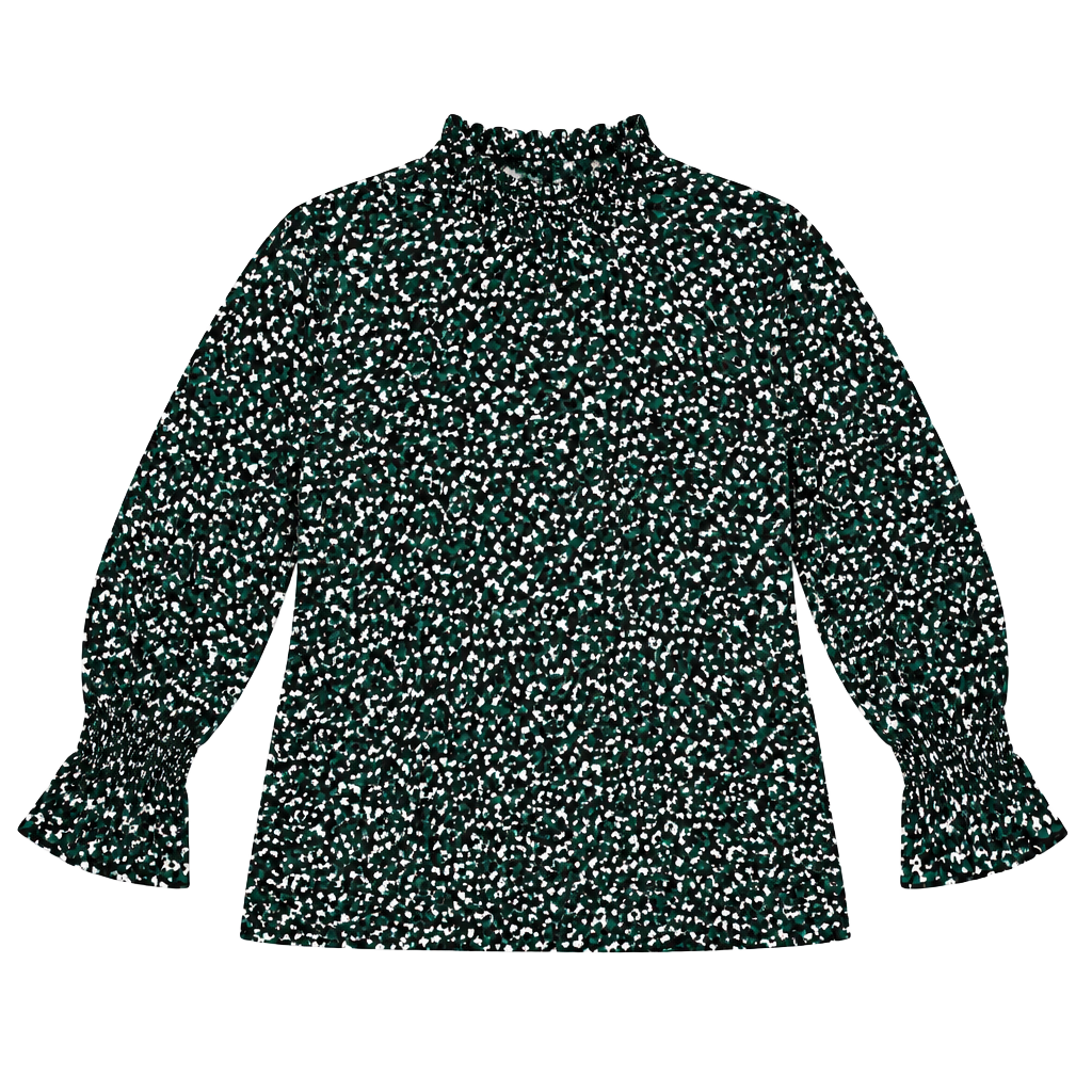 Anne Klein Blouse Size M Green Black Floral Smocked Mock Neck 1