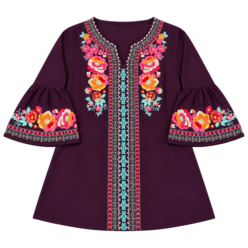 Andree by Unit Women L Purple Floral Embroidered Boho Bell Sleeve Blouse 1