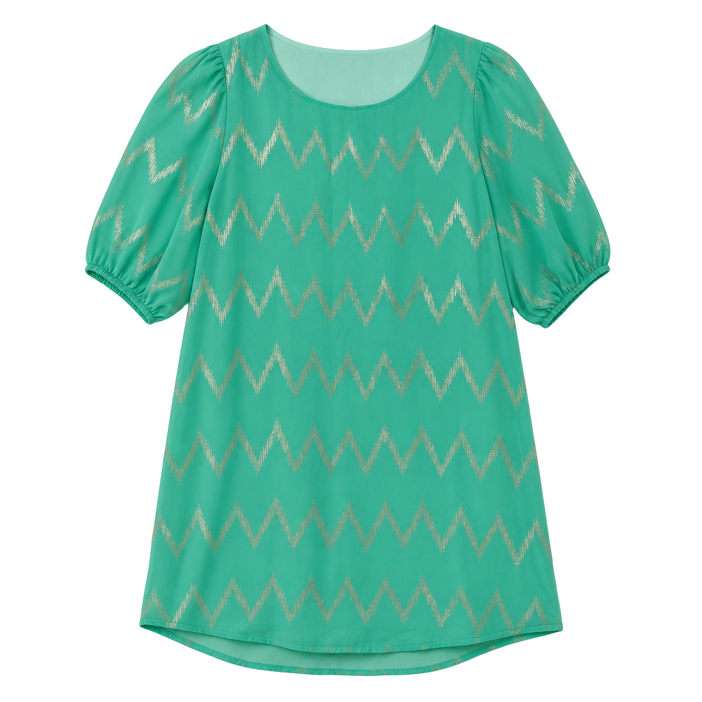 Green and Gold Metallic Chevron Shift Dress with Puff Sleeves 1