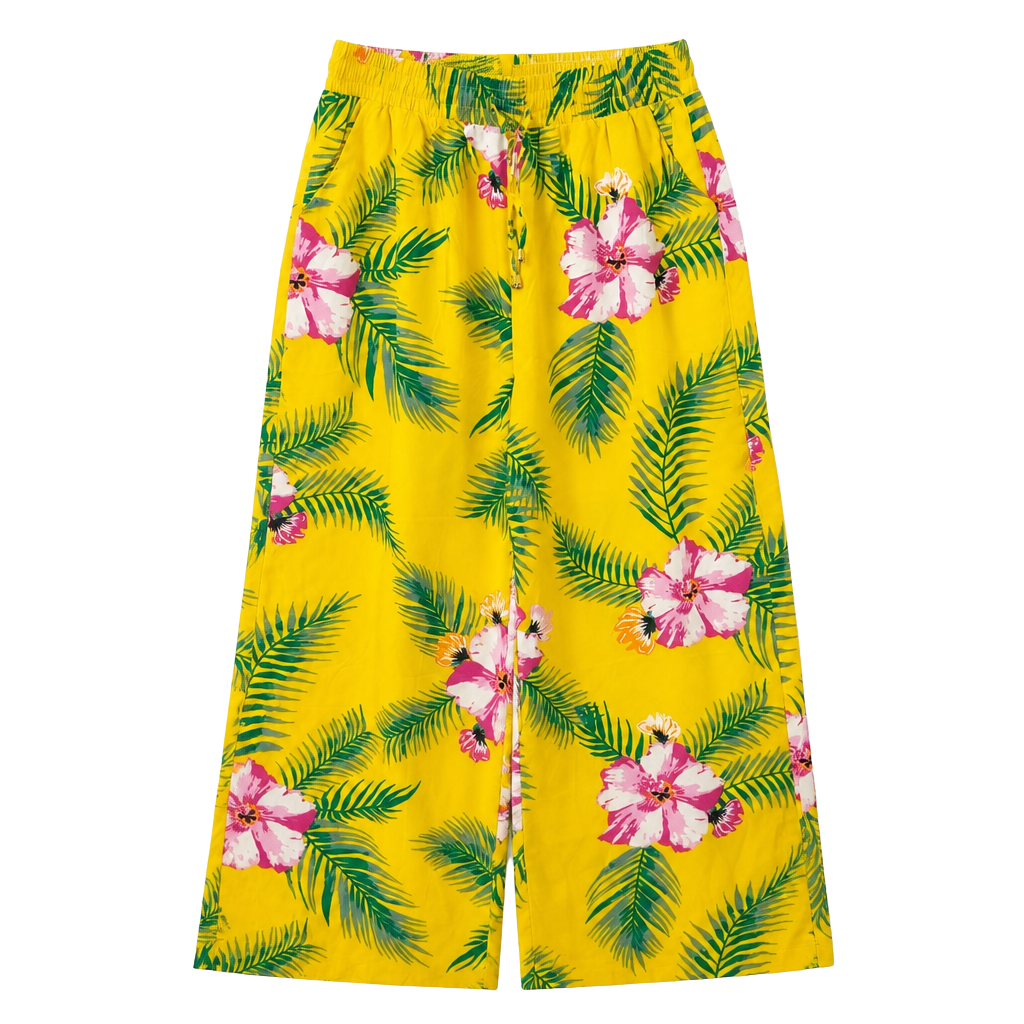 Indero Yellow Tropical Hibiscus Print High Waist Wide Leg Pants 1