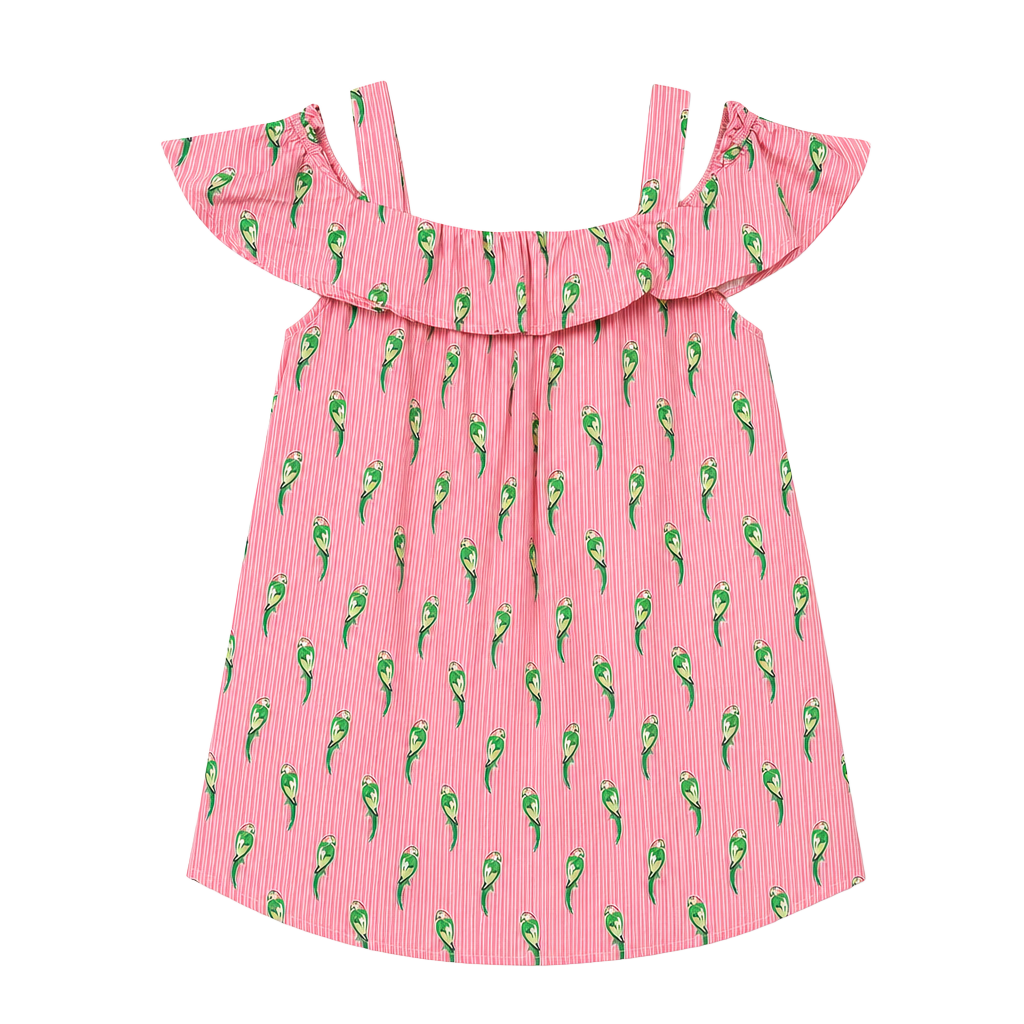 Crown & Ivy Women's Pink Striped Parrot Print Cold Shoulder Ruffle Dress with Pockets 1