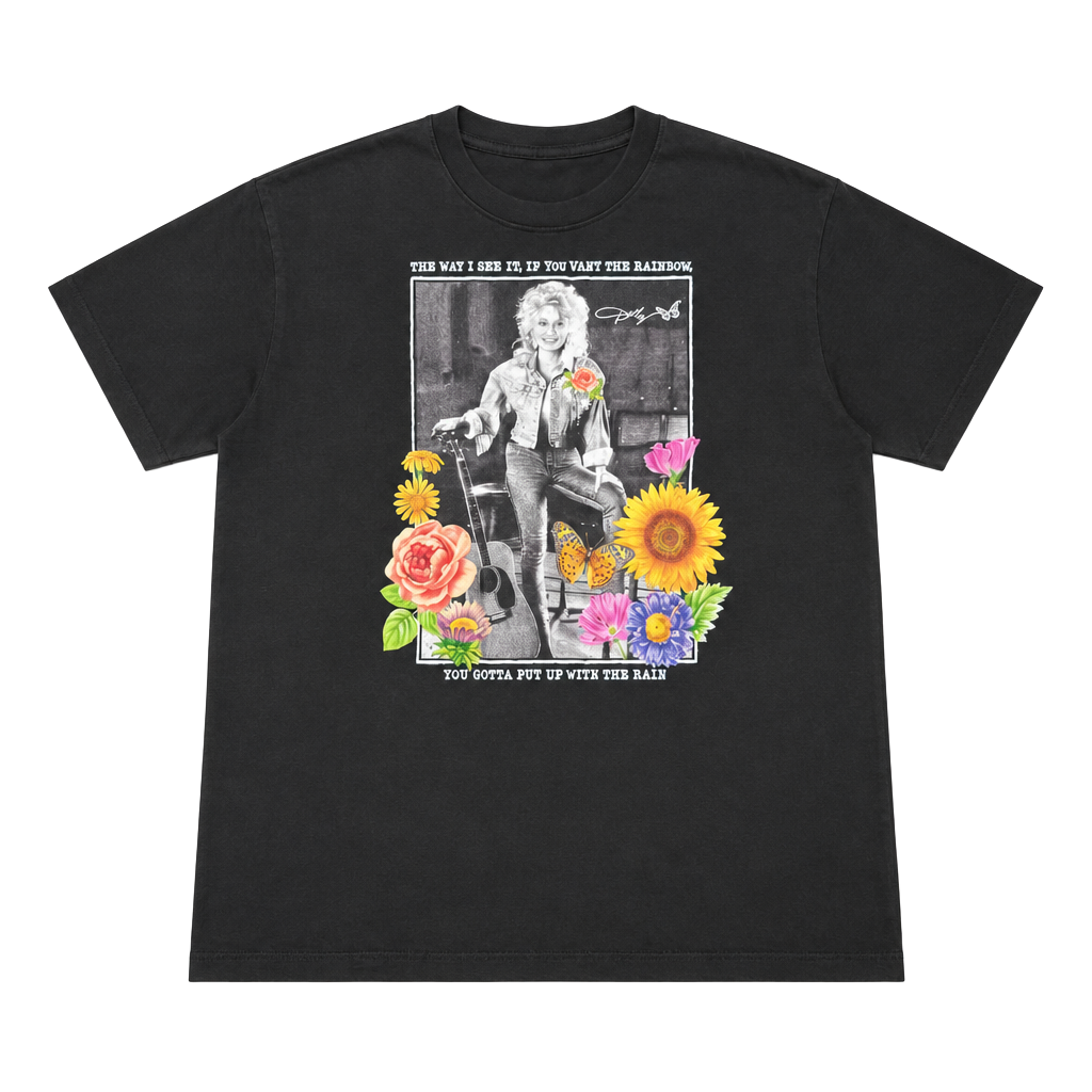 Dolly Parton Graphic T-Shirt Size Large Black Floral Butterfly 1
