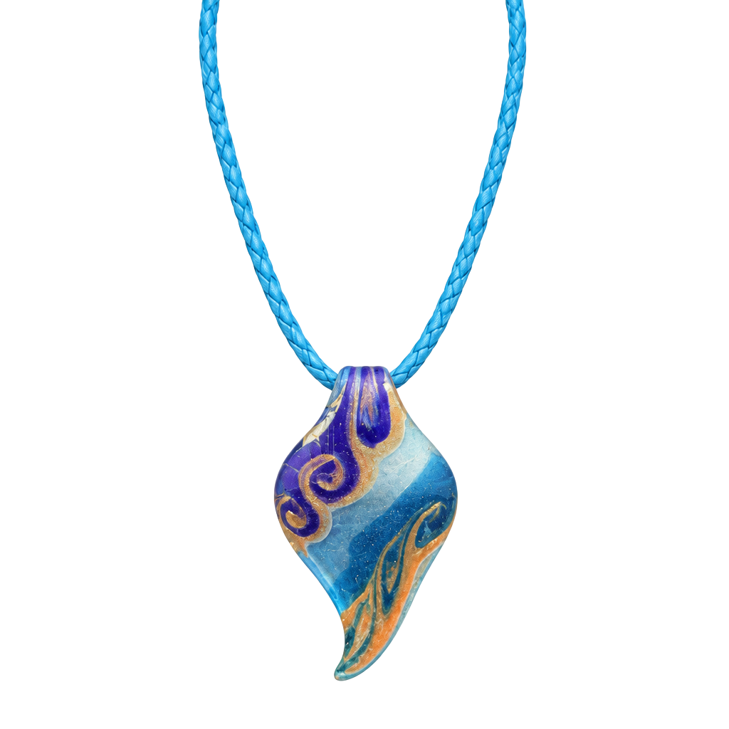 Vintage Murano Style Glass Wave Pendant Necklace Cobalt Blue Gold Foil Venetian Art 1