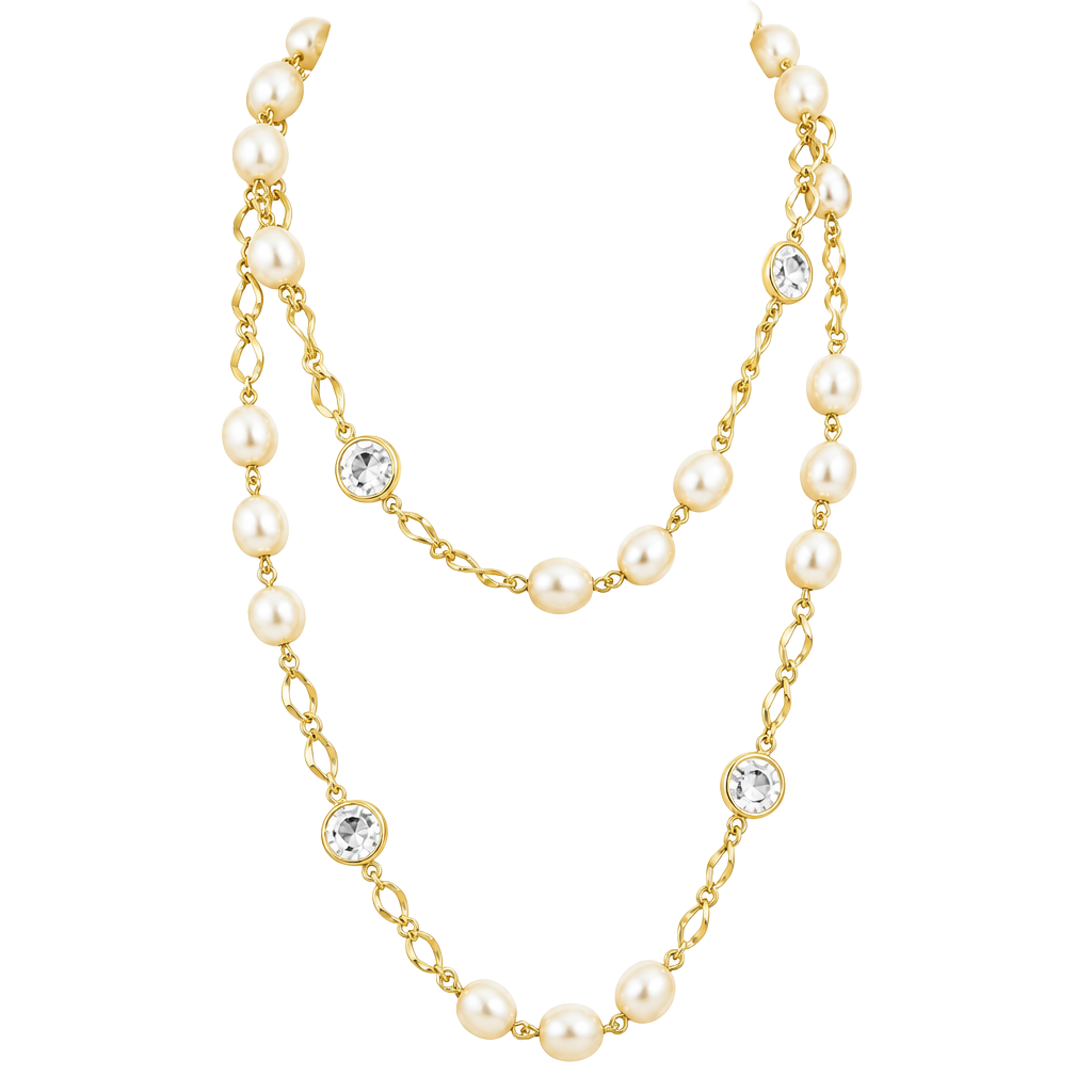 Vintage Faux Pearl Station Chain Necklace Bezel Set Crystal Drop Accents Gold 1