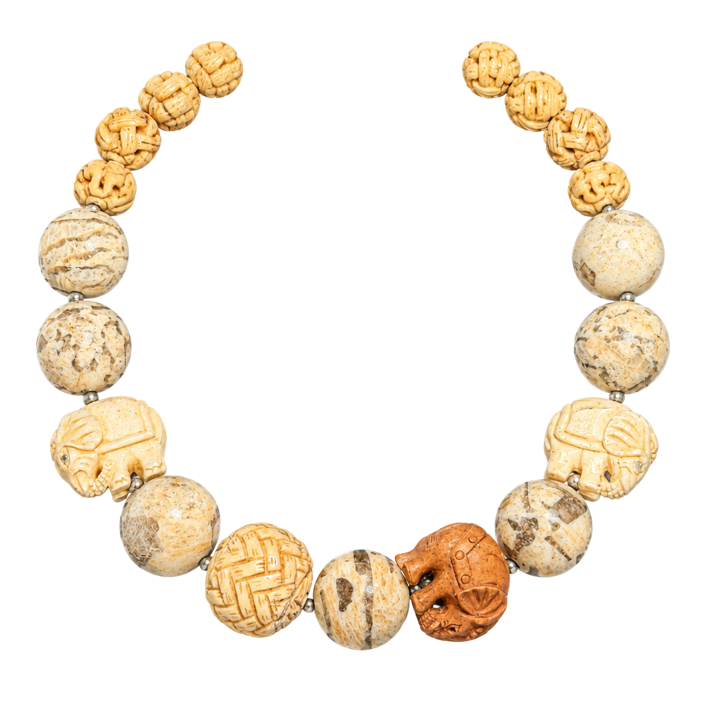 Vtg Chunky Artisan Bobe Carved Elephant & Fossil Stone Statement Necklace -Boho 1