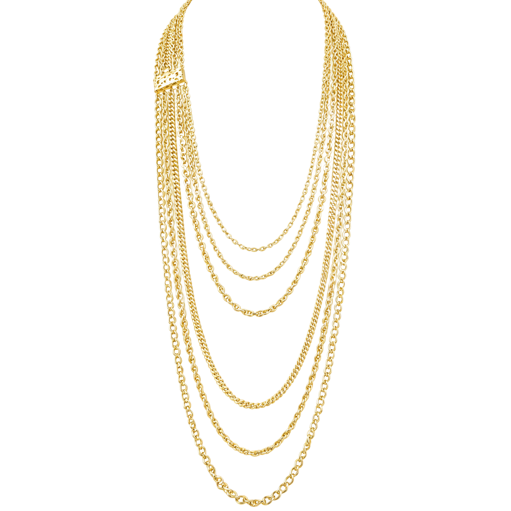 Vintage Multi Strand Gold Tone Layered 6-Chain Necklace Ornate Clasp Set 1
