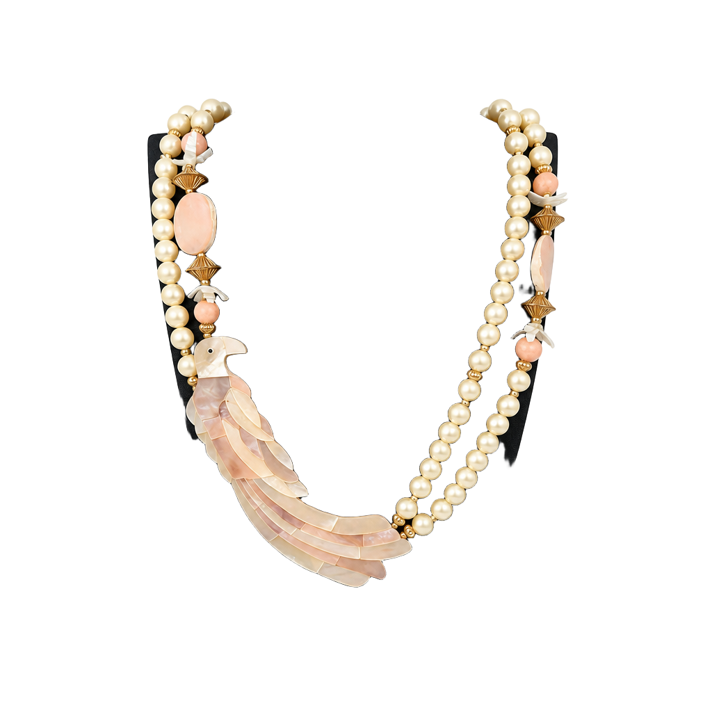Vtg Mother Of Pearl Carved Bird Statement Necklace Faux Pearl Coral Multi Strand 1