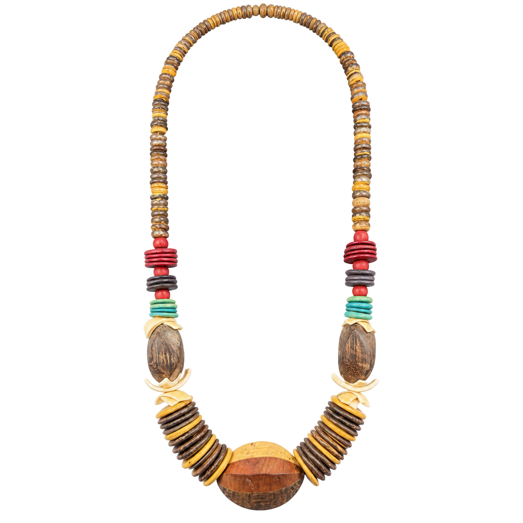Vtg Boho Natural Coconut Shell Disc Heishi Bead Wooden Tribal Statement Necklace 1