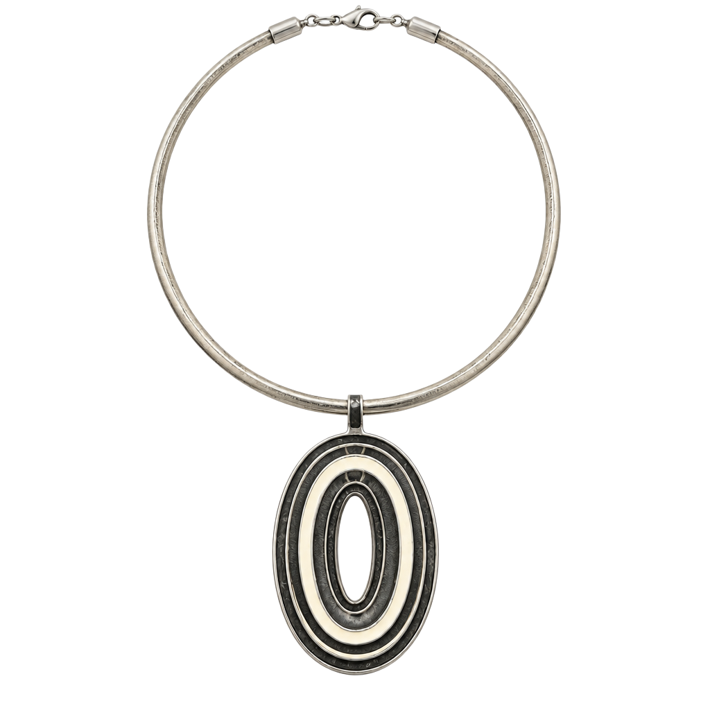 Vintage Silver Tone Rigid Torque Collar Choker Necklace Black White Oval Pendant 1