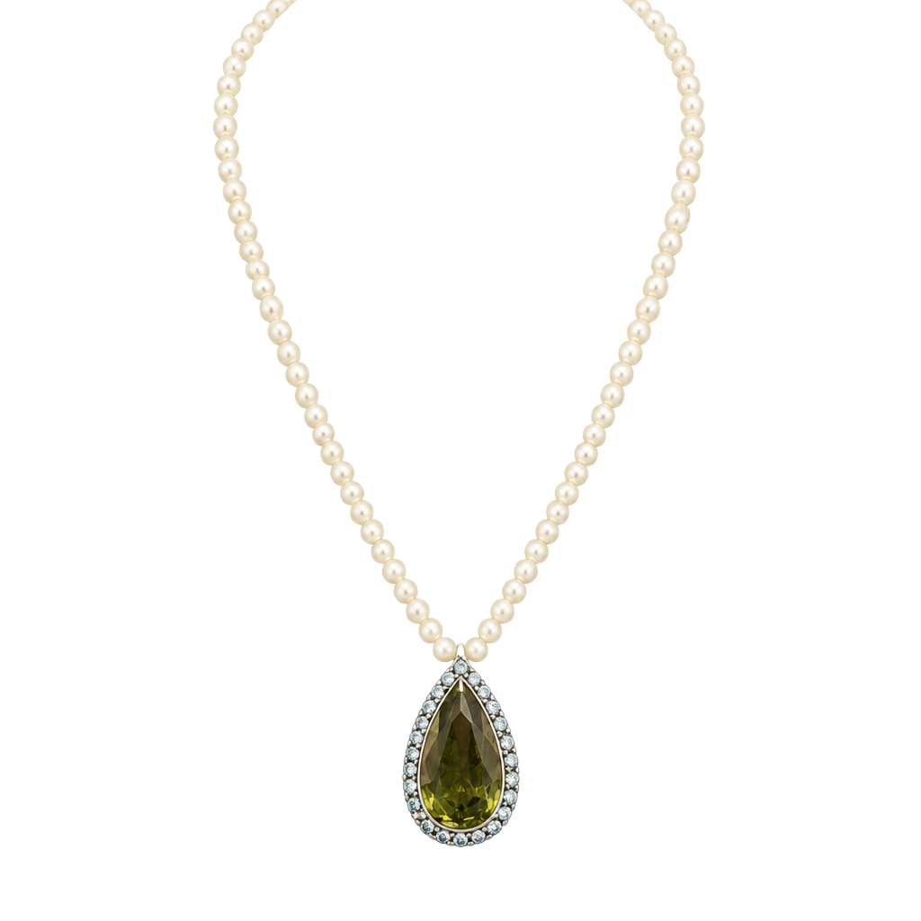 Vtg Signed MONET Olive Green Teardrop Pendant Faux Pearl Halo Necklace Mid Cent 1