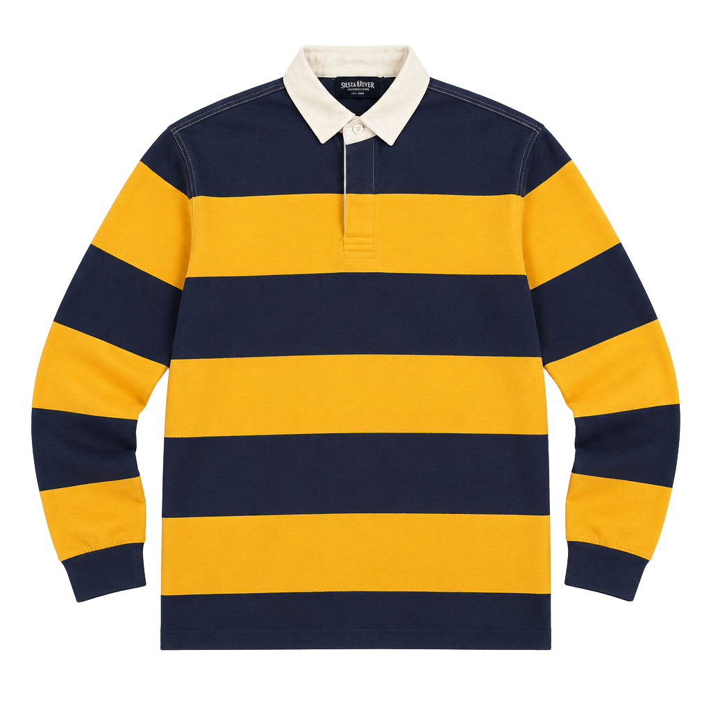 Steve & Barry's Rugby Shirt Size Large Blue Yellow Striped Long Sleeve 1