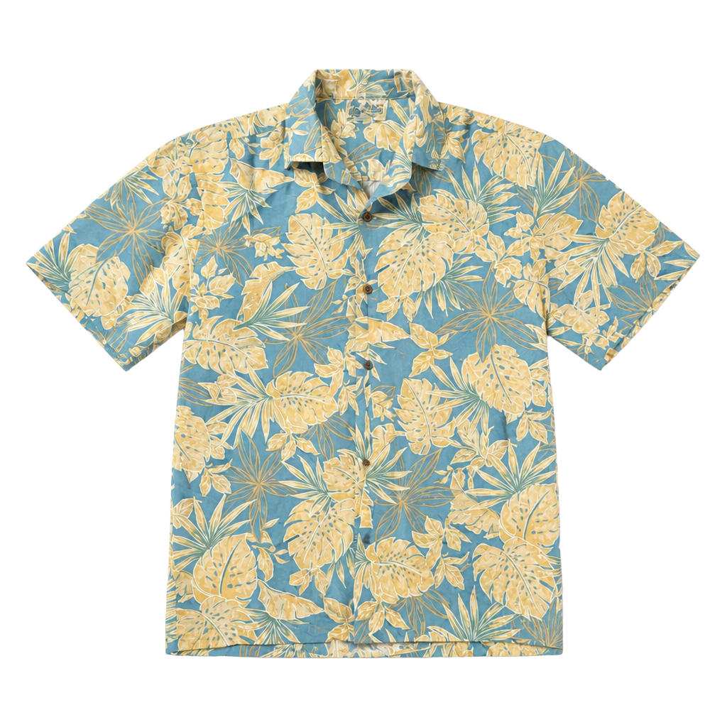 Aloha Republic Vintage Made in Hawaii Blue and Yellow Tropical Leaf Hawaiian Shirt 1