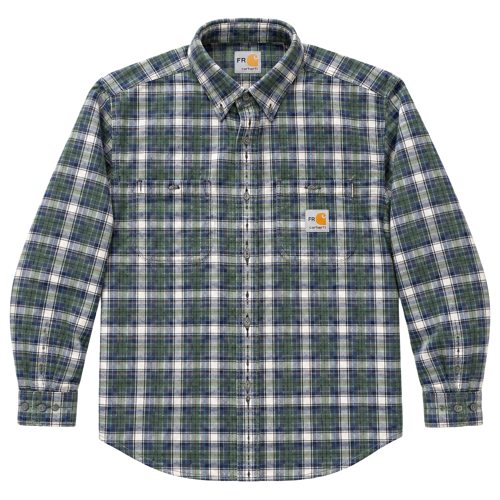 Carhartt FR Plaid Flannel Work Shirt Size Large Regular Green Blue 1