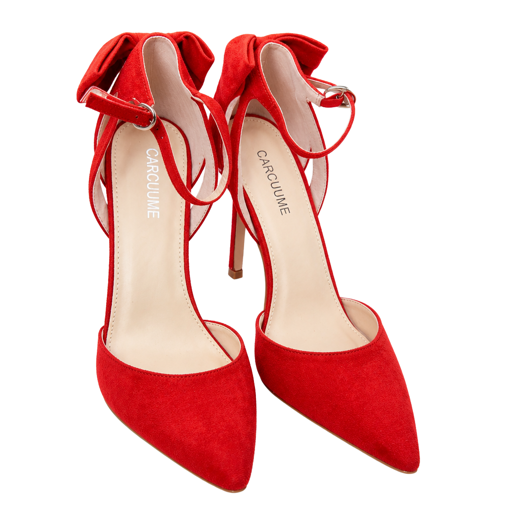 Carcuume Red Suede Pointed Toe Ankle Strap Heels with Bow Back 1