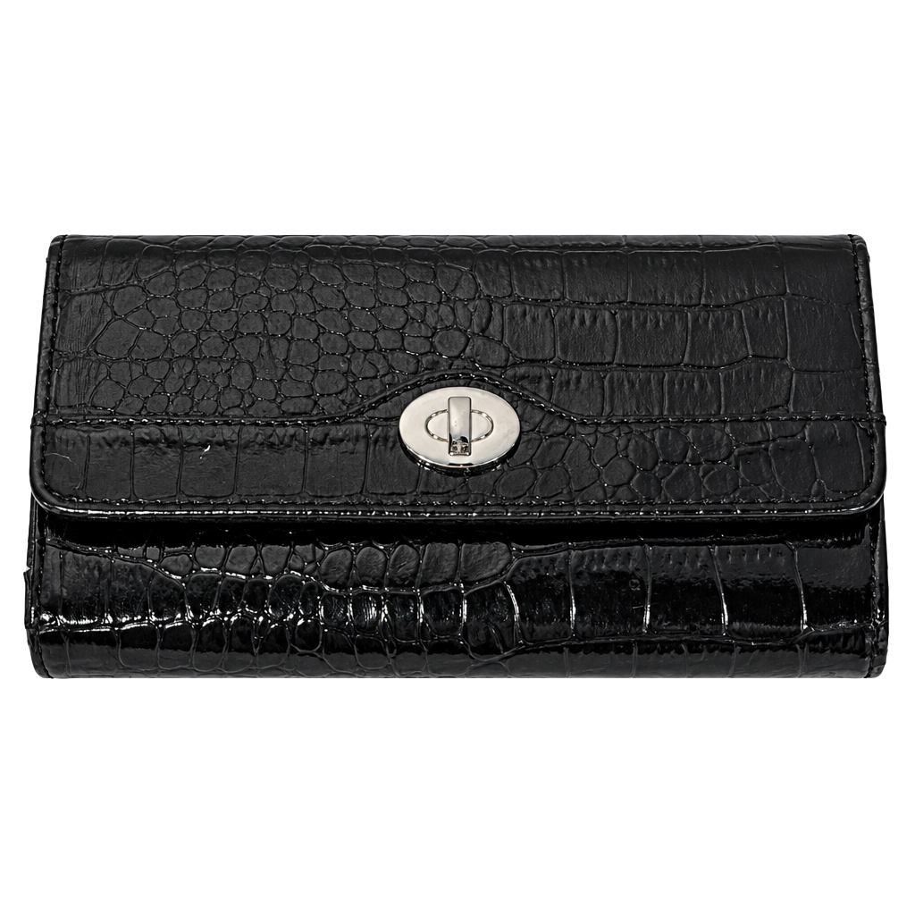 Couronne Black Crocodile Embossed Patent Leather Trifold Wallet 1