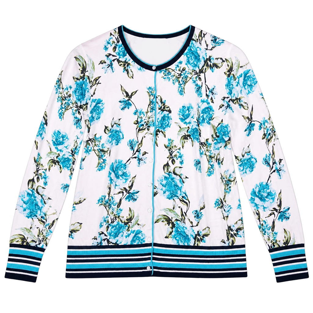 Emaline White Blue Floral Print Long Sleeve Button Down Cardigan Sweater Size M 1