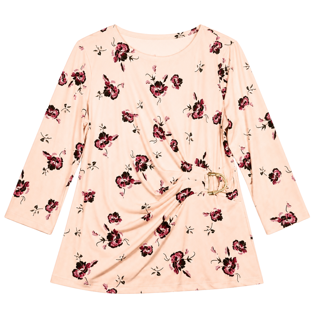 Liz Claiborne Career Pink Floral Print Ring-Buckle Ruched Blouse Size L 1