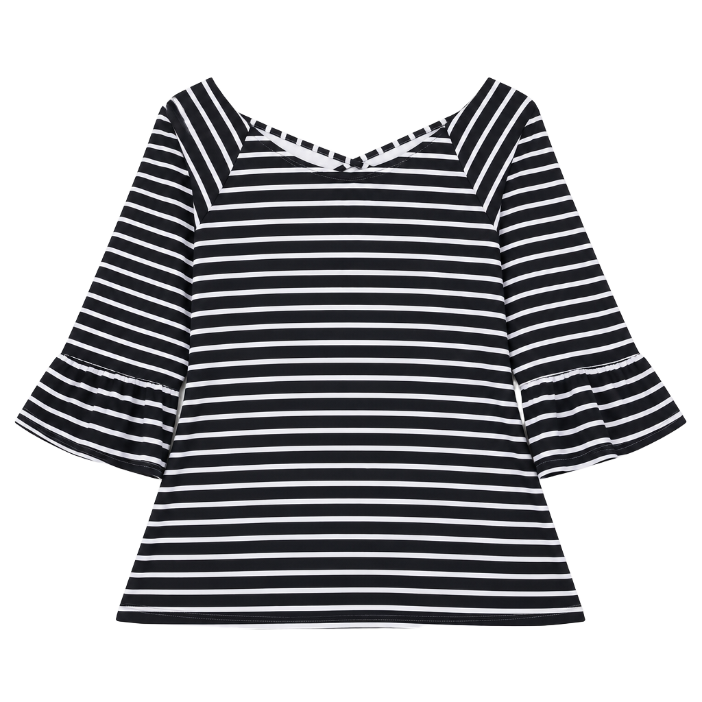 a.n.a Striped Top Size M Black White Crisscross Back Ruffle Sleeves 1