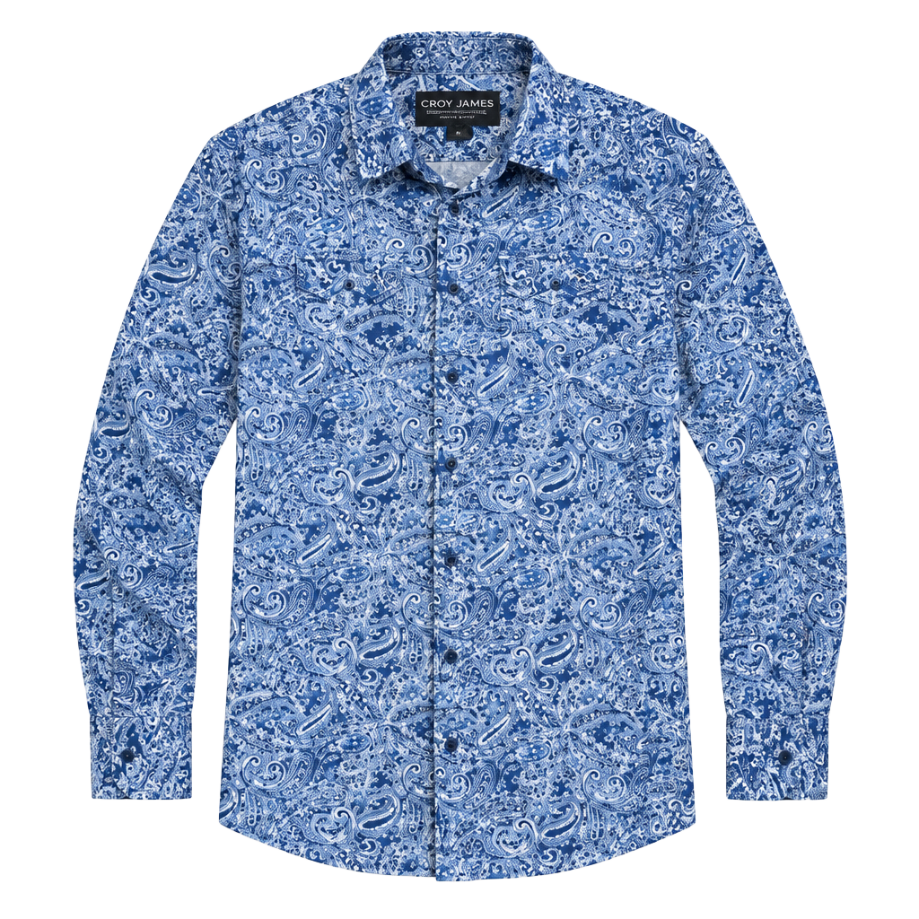 Cody James Western Shirt Boys Size S Blue Paisley Print Long Sleeve Snap 1