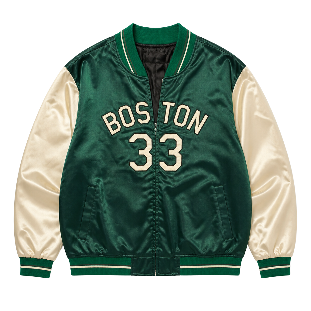 💚Vintage 90s Chalk Line NBA Boston Celtics Larry Bird #33 Satin Bomber Jacket. 💚
Serving major retro sports vibes! This vintage Boston #33 satin bomber jacket features a rich green body with crisp white sleeves and classic varsity striping at the collar, 1