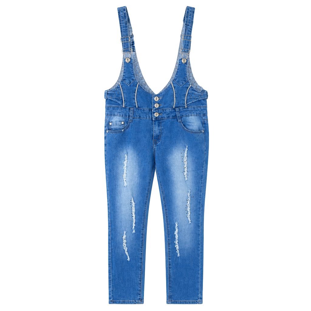 Relax Denim Rhinestone Embellished Distressed Overalls Size 34 1
