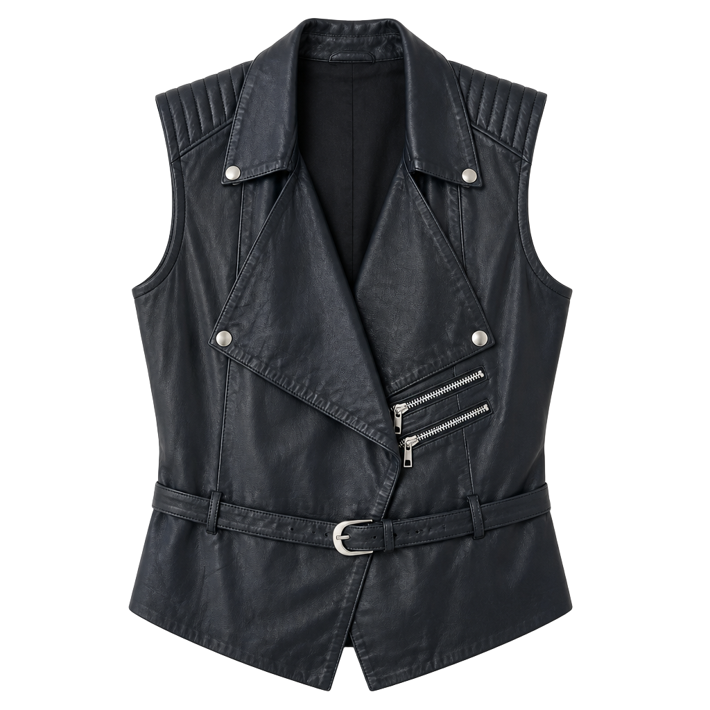 Skingraft Black Leather Moto Vest with Belt and Quilted Shoulders Size M 1