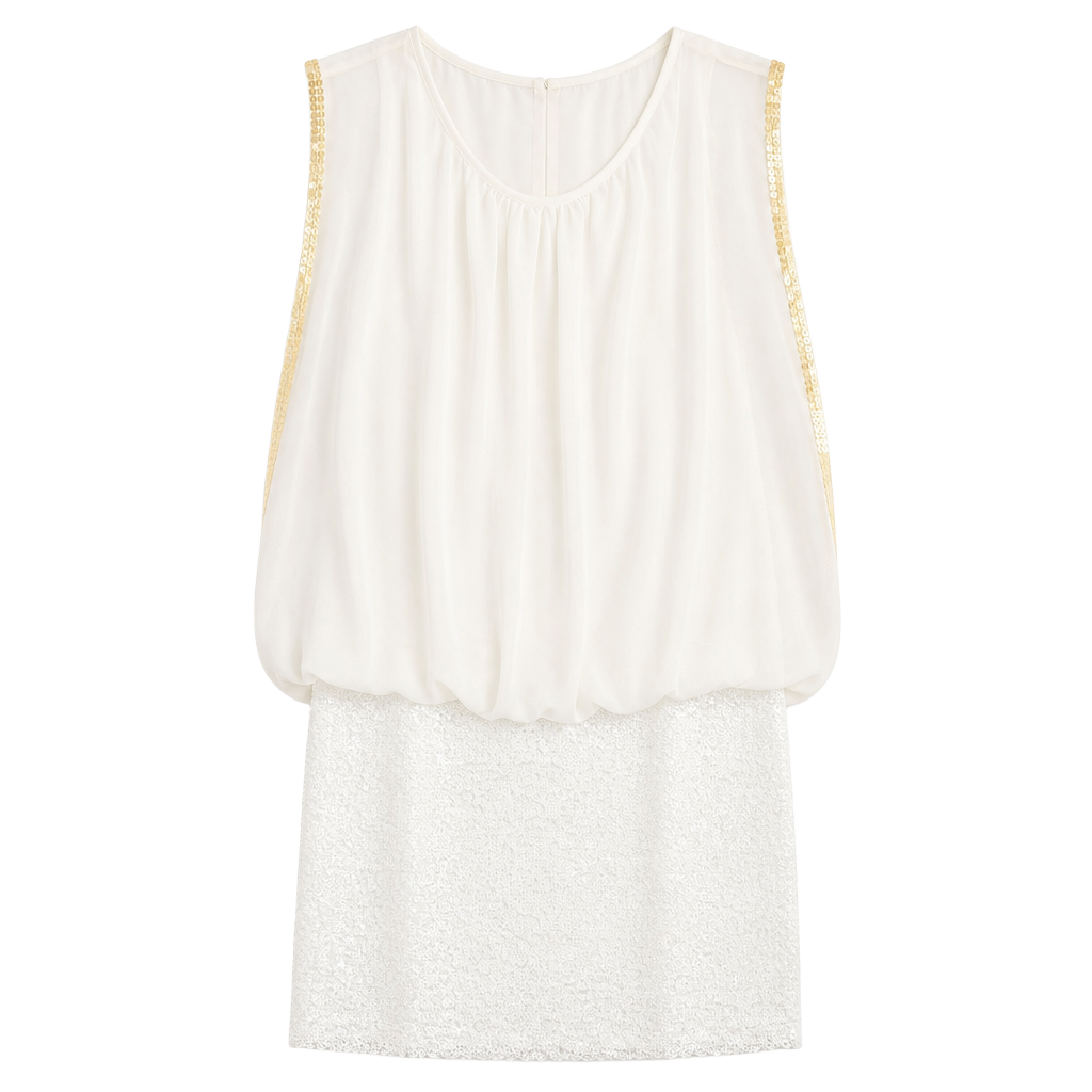 Vintage Cache Women's White Chiffon Blouson Sequin Cocktail Sheath Dress NWT 1